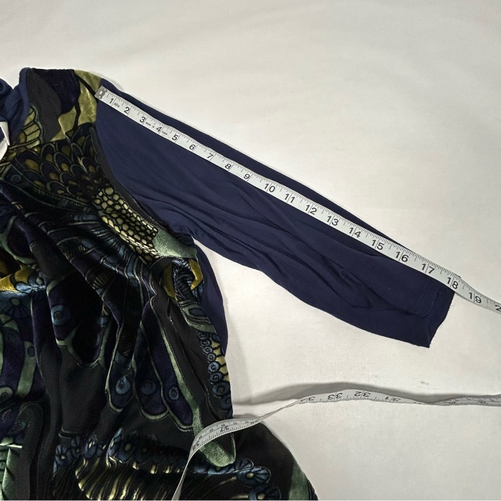 Chico's Size 2 (Large) Blue Multicolor Peacock Velour Burnout Side Tie Blouse - Picture 8 of 9